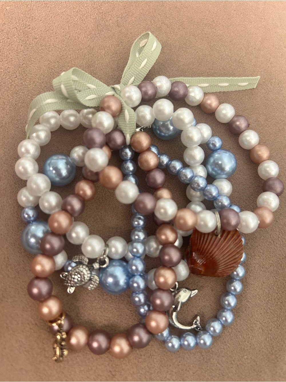 Multi-Strand Pearl & Shell Bead Bracelet Set - Blue, White, Rose Gold, Lavender